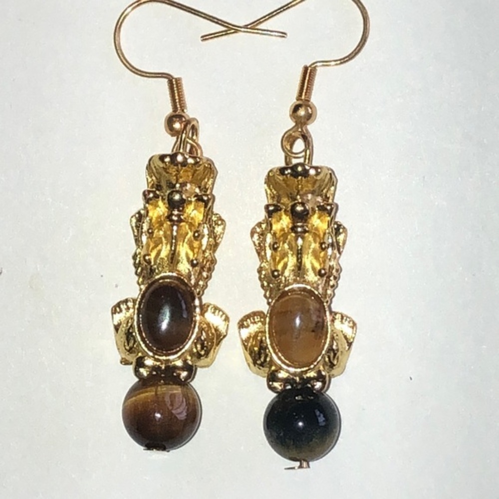 Gold Tone Feng Shui Tiger's Eye Beaded Pixiu Dragon Earrings